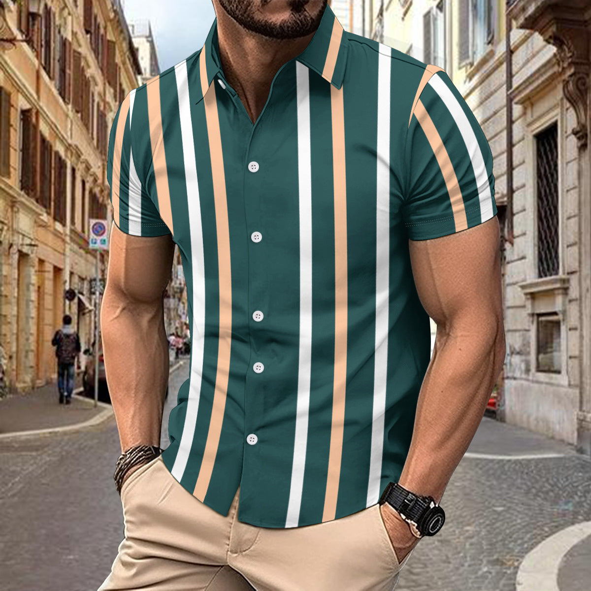 Chemise homme manches courtes – Coupe slim – Coton – Rayures verticales