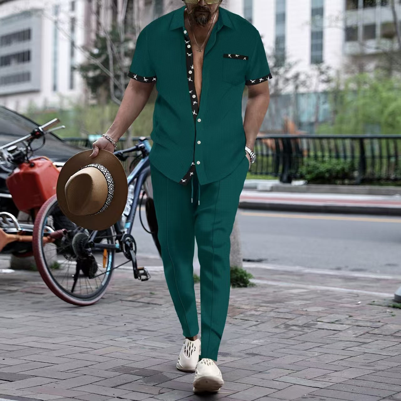 Ensemble deux pièces pour homme – Coupe ample – Coton – Manches courtes – Pantalon à jambe droite – Finitions élégantes
