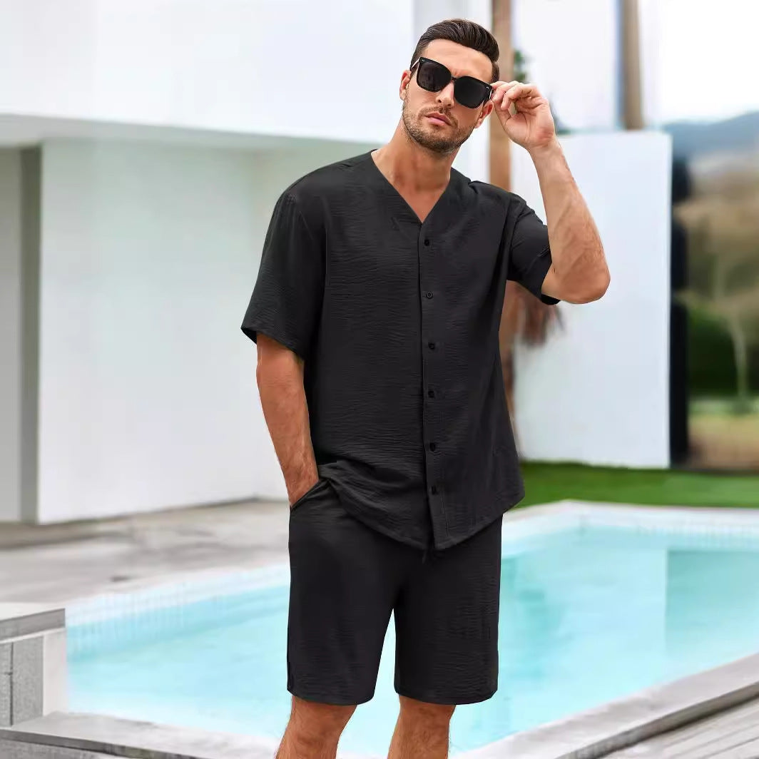 Ensemble Homme – Chemise Col V Boutonnée & Short Ample – Tissu Respirant Doux