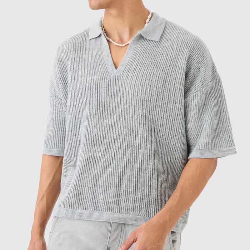 Chemise homme manches courtes – Coupe décontractée – Col V – Maille texturée respirante
