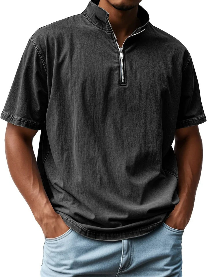 Chemise homme manches courtes – Coupe ajustée – Col montant – Fermeture zippée – Tissu respirant