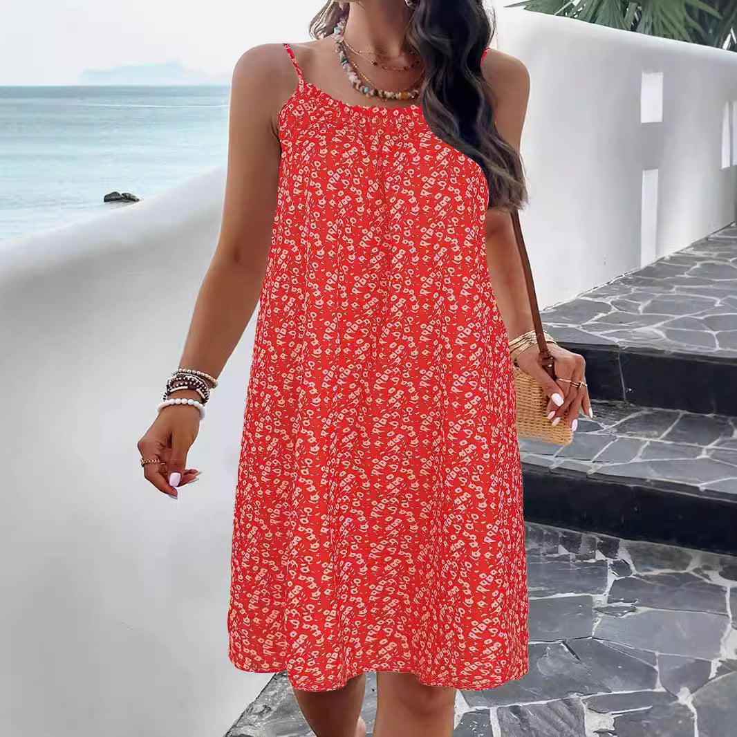 Robe trapèze femme – Bretelles fines – Imprimé fleuri – Coupe ample – Longueur genou