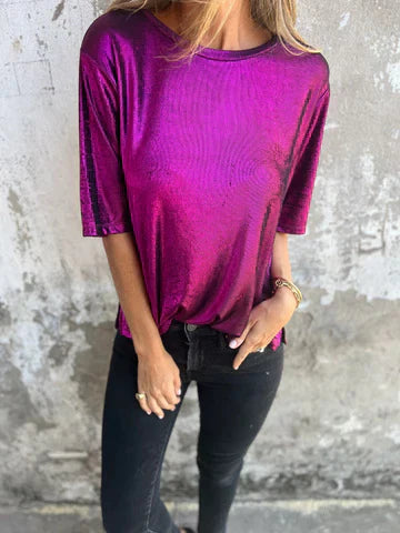 Blouse femme – Coupe décontractée – Tissu fluide brillant – Manches courtes – Col rond