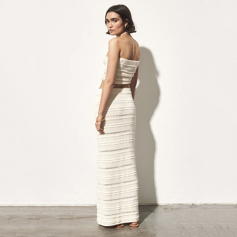 Ensemble Femme Deux Pièces – Haut Bandeau Crochet Croisé – Jupe Midi Taille Haute