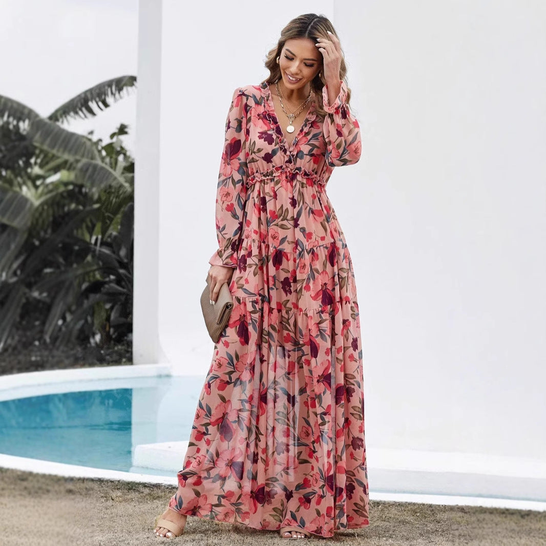 Robe longue femme – Tissu fluide – Imprimé fleuri – Manches longues – Style bohème