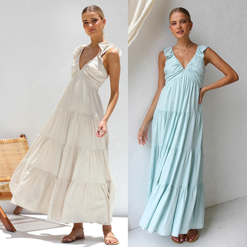 Robe longue femme – Coupe fluide – Bretelles à volants – Tissu respirant – Volants superposés