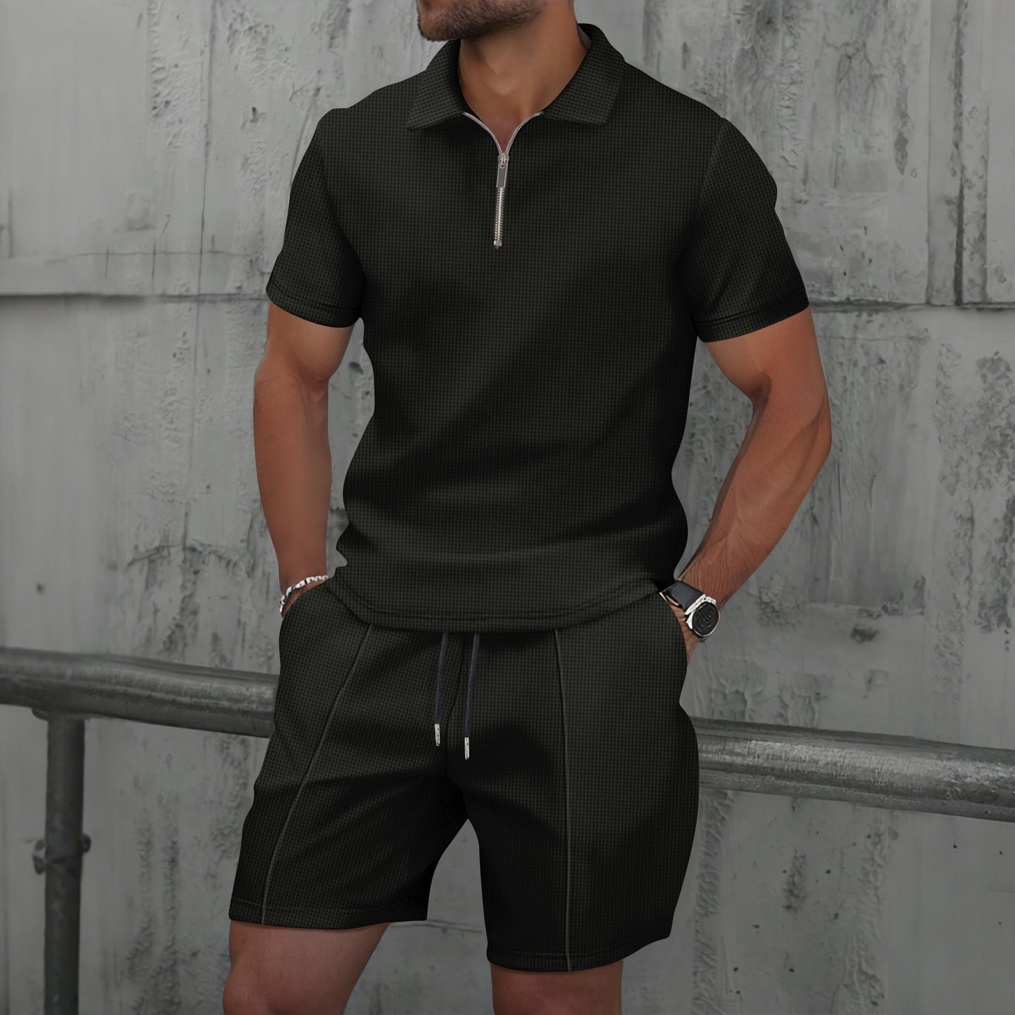 Ensemble polo et short homme – Coton mélangé – Coupe régulière – Col zippé – Manches courtes