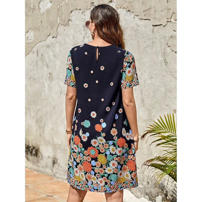 Robe femme midi – Imprimé fleuri – Coupe droite – Manches courtes – Coton léger