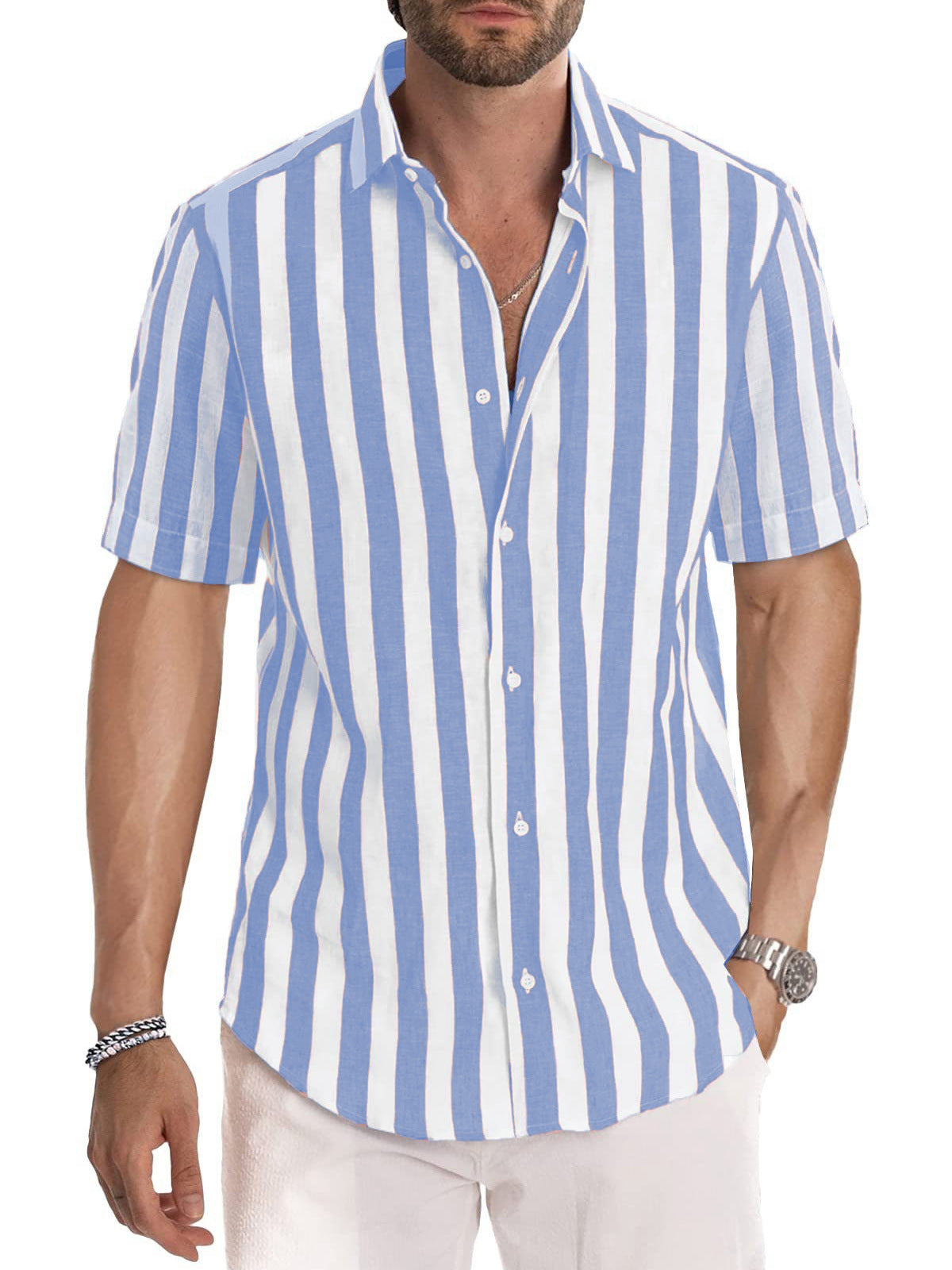 Chemise homme – Coupe décontractée – Manches courtes – Coton – Rayures verticales