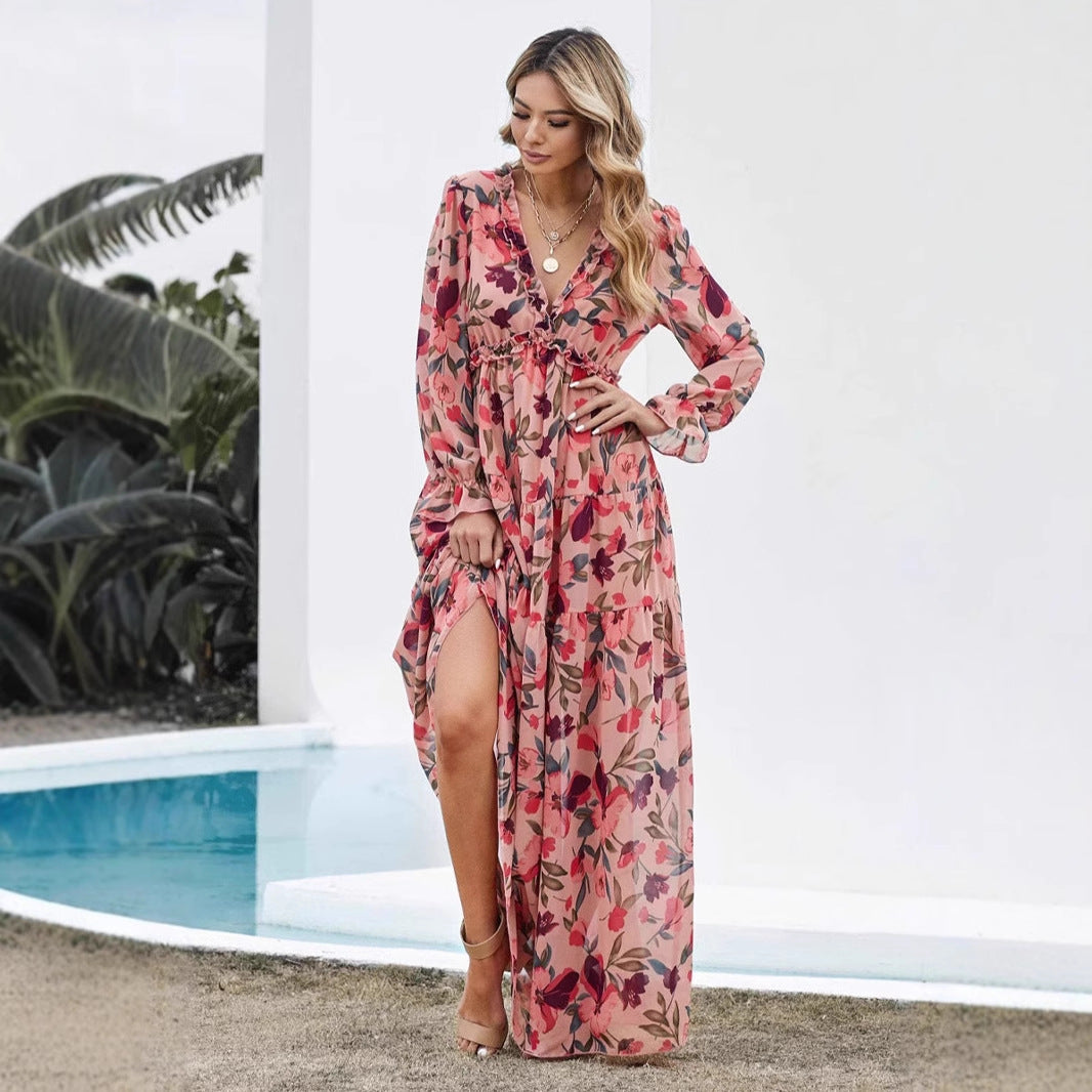 Robe longue femme – Tissu fluide – Imprimé fleuri – Manches longues – Style bohème