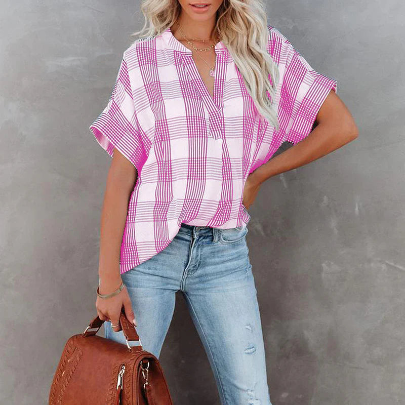 Blouse femme – Coupe décontractée – Motif à carreaux – Manches courtes – Coton