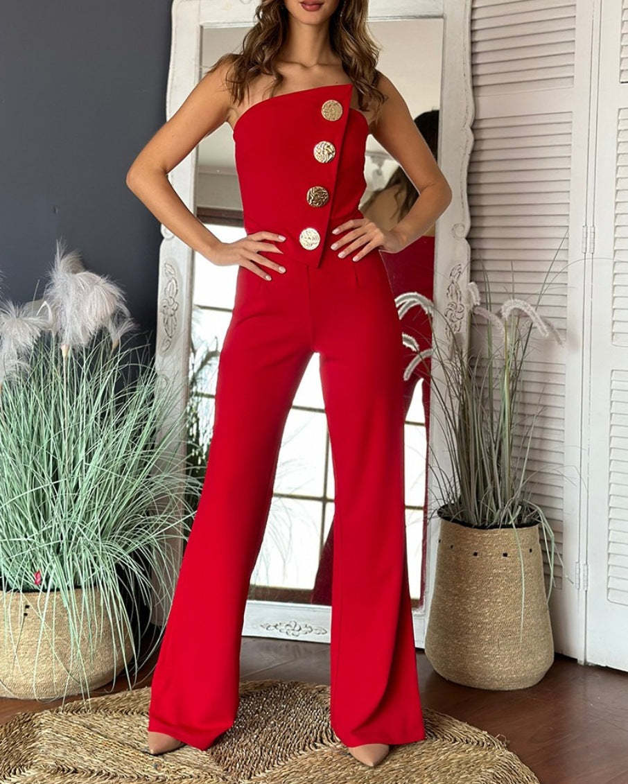 Combinaison femme – Coupe évasée – Col asymétrique – Bustier à boutons décoratifs