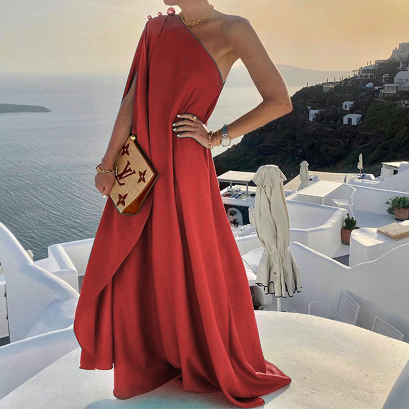 Robe longue femme – Une épaule – Coupe fluide élégante – Silhouette Drapée