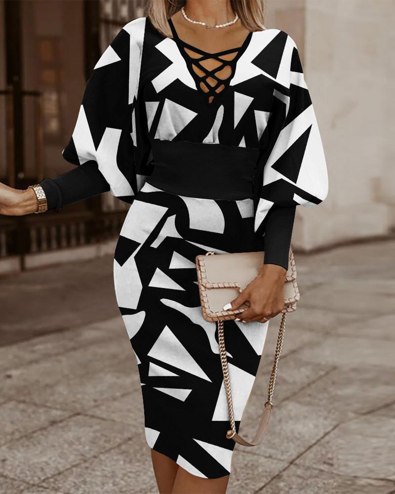 Robe moulante femme – Col cache-cœur – Manches longues – Taille cintrée – Motif à carreaux