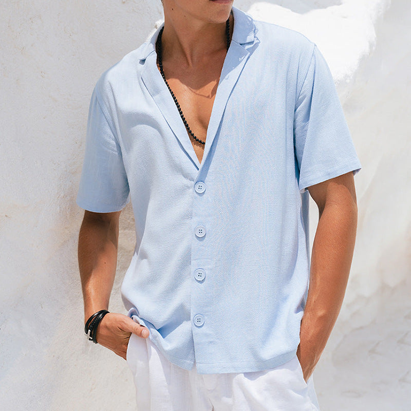 Chemise décontractée homme – Coupe ample – Col tailleur – Tissu respirant – Manches courtes