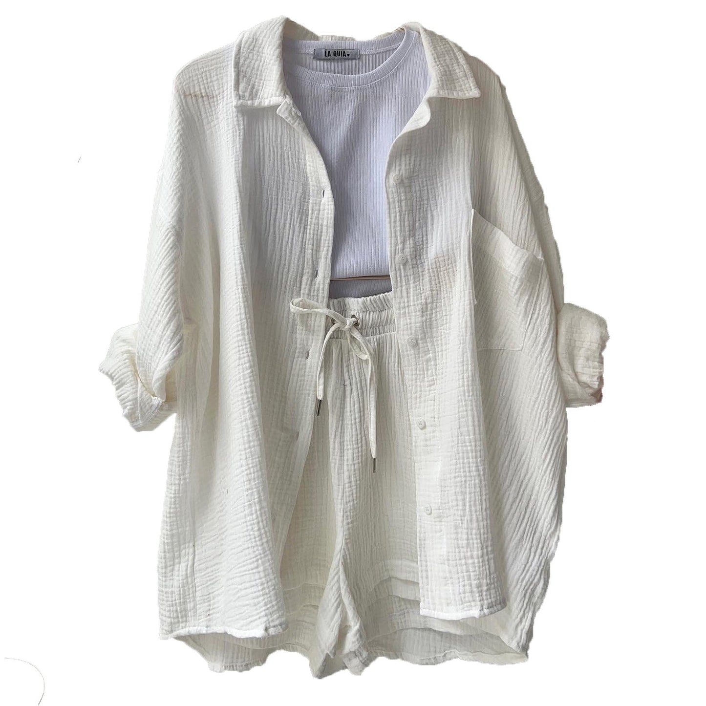 Ensemble short femme – Coupe décontractée – Chemise froissée – Taille haute avec cordon de serrage