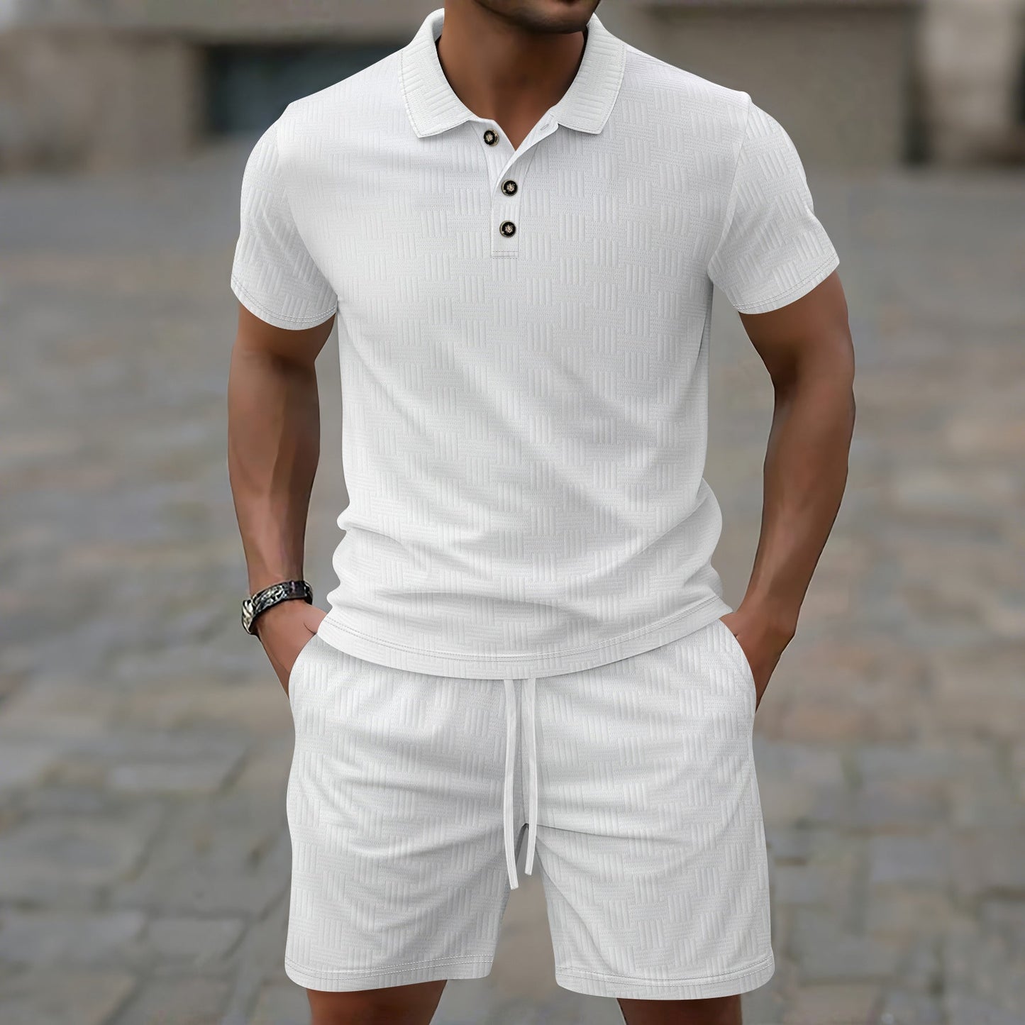 Ensemble décontracté homme – T-shirt à manches courtes – Coupe slim – Motif texturé – Patte boutonnée
