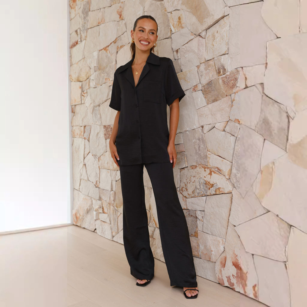 Women's Pyjama – Satin Set – Relaxed Fit – Buttoned Short-Sleeve Top – Long Pants