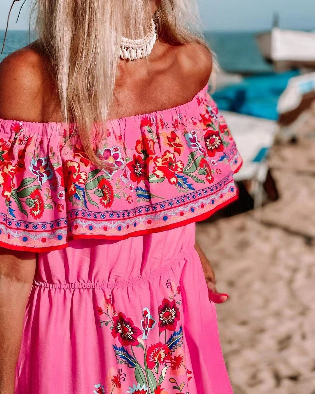 Robe Longue Femme – Épaules Dénudées – Imprimé Floral – Jupe Volante – Tissu Léger