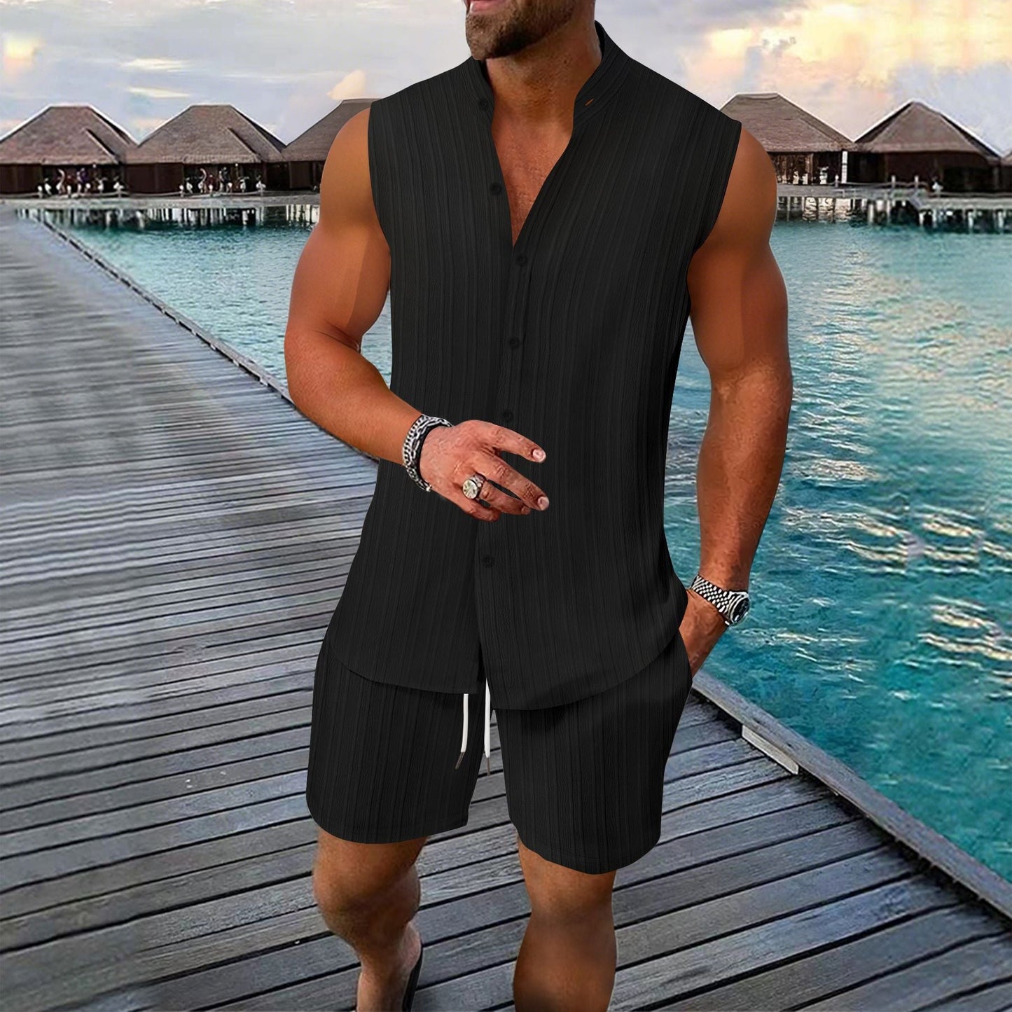 Ensemble chemise et short pour homme – Sans manches – Lin – Coupe décontractée – Col mandarin – Boutonné