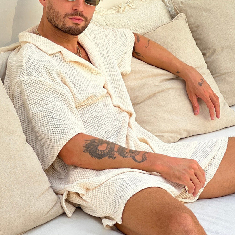 Ensemble Décontracté Homme – Chemise Boutonnée et Short Cordon – Coupe Ample Respirante