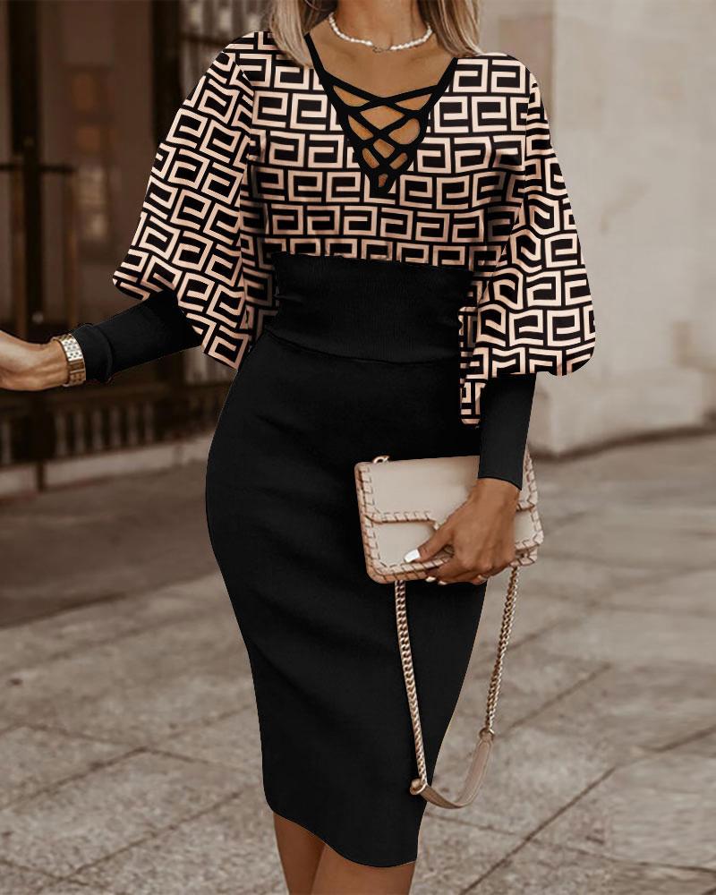 Robe moulante femme – Col cache-cœur – Manches longues – Taille cintrée – Motif à carreaux
