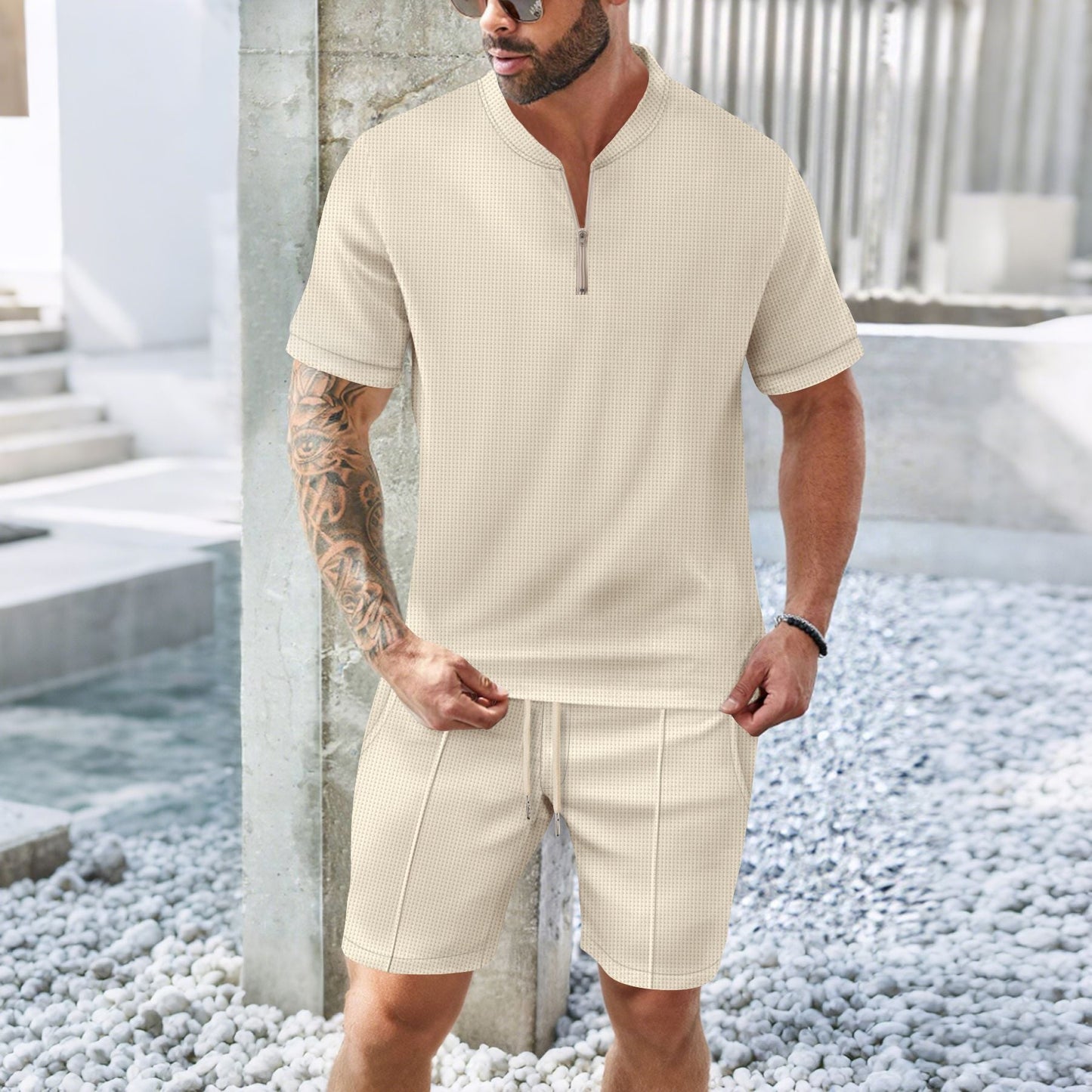 Ensemble de sport homme – Coupe décontractée – T-shirt zippé manches courtes