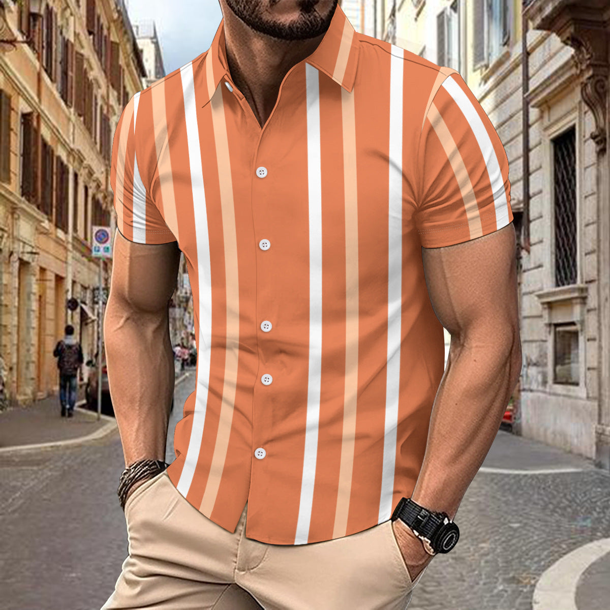 Chemise homme manches courtes – Coupe slim – Coton – Rayures verticales