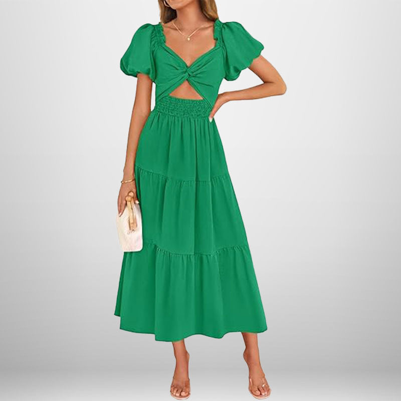 Robe longue femme – Tissu respirant – Col en V – Taille smockée – Jupe à volants