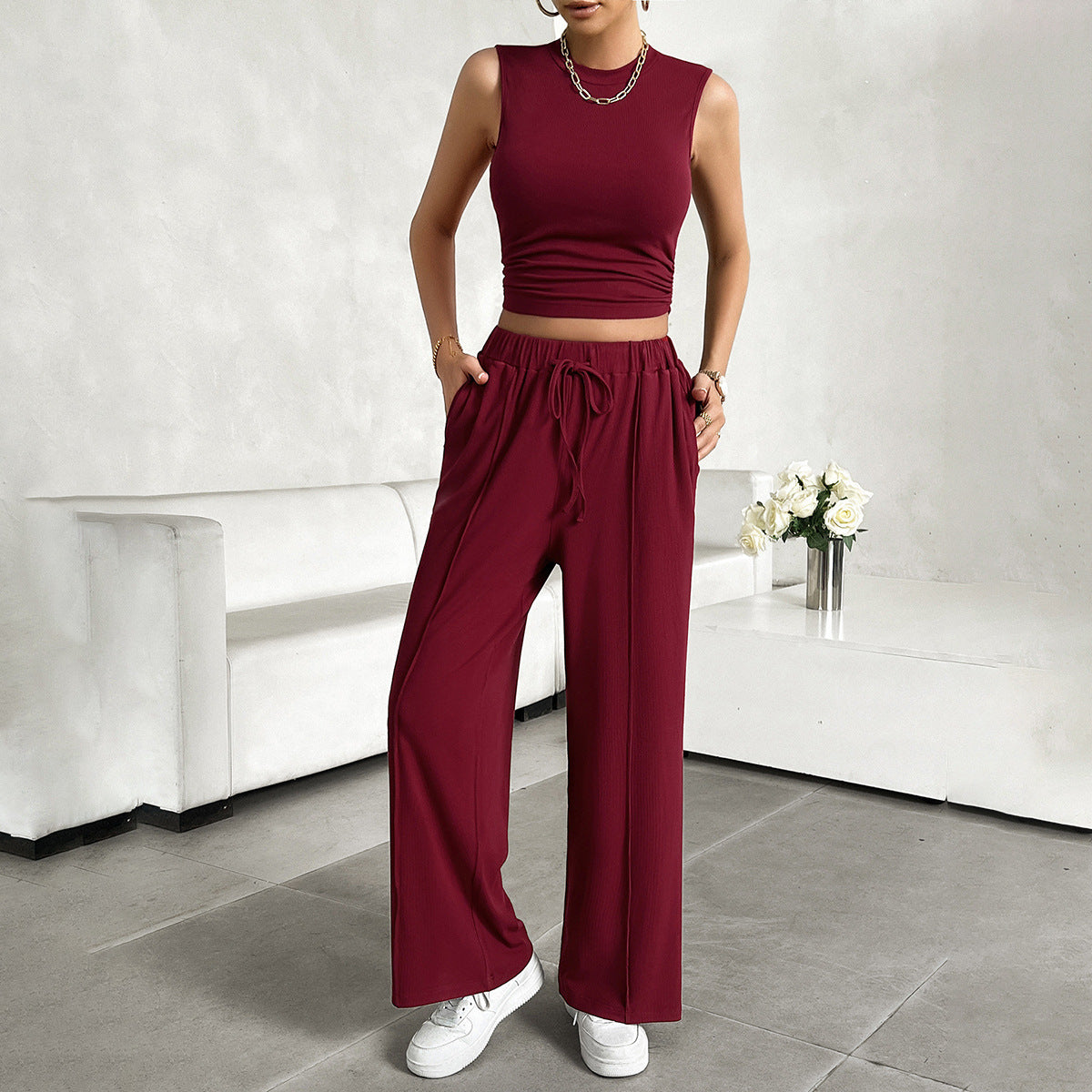 Ensemble Femme 2 Pièces – Haut Court Sans Manches – Pantalon Large Taille Élastique