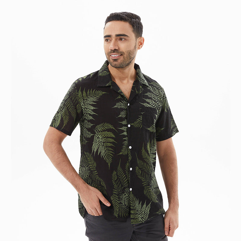 Chemise à manches courtes homme – Coupe décontractée – Tissu respirant – Motif feuillage