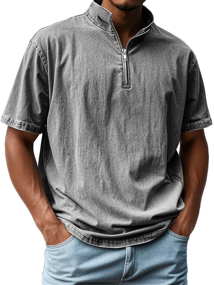 Chemise homme manches courtes – Coupe ajustée – Col montant – Fermeture zippée – Tissu respirant