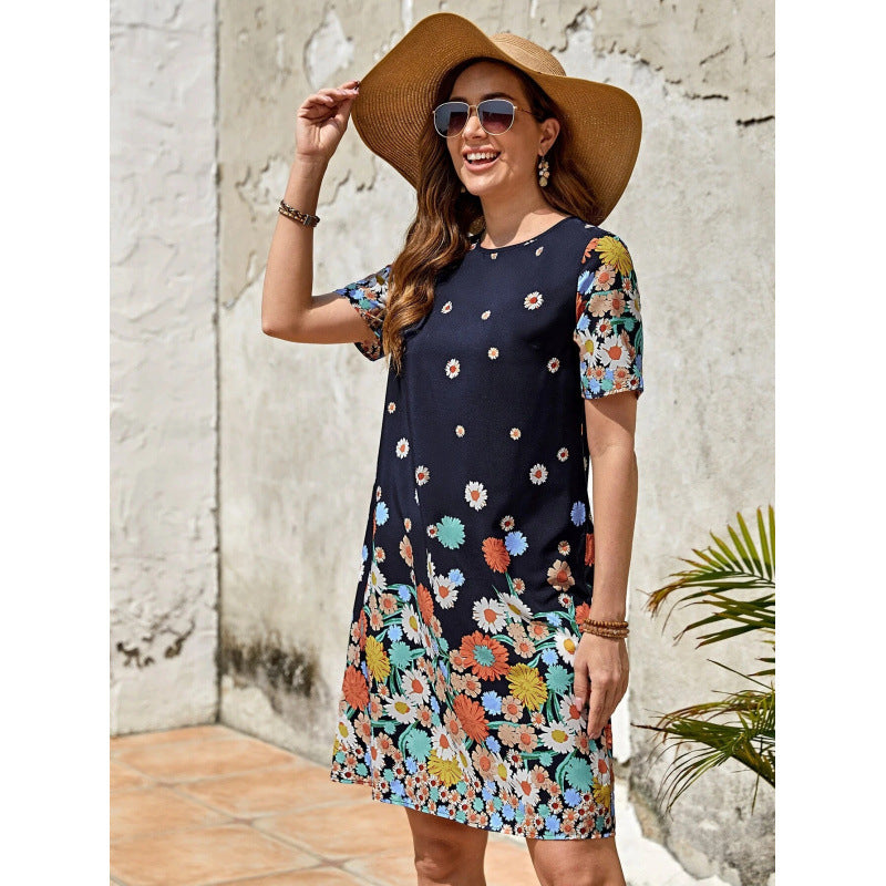 Robe femme midi – Imprimé fleuri – Coupe droite – Manches courtes – Coton léger