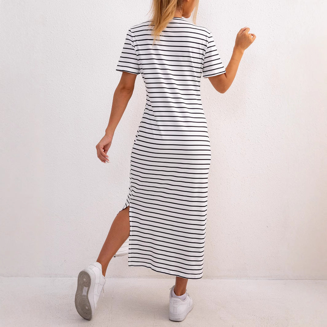 Robe midi femme – Coupe décontractée – Maille douce – Rayures – Fente latérale