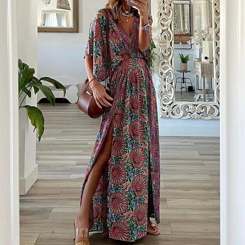 Robe longue femme – Imprimé bohème – Col en V – Manches courtes – Coupe fluide