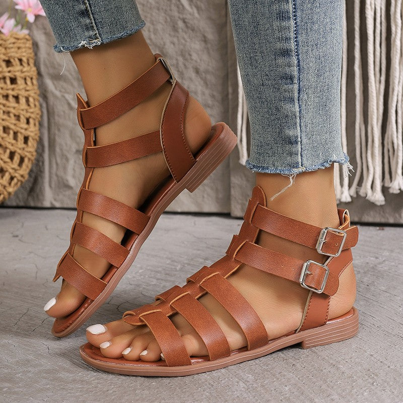 Sandales plates femme – Style romain – Bout ouvert – Brides ajustables confortables