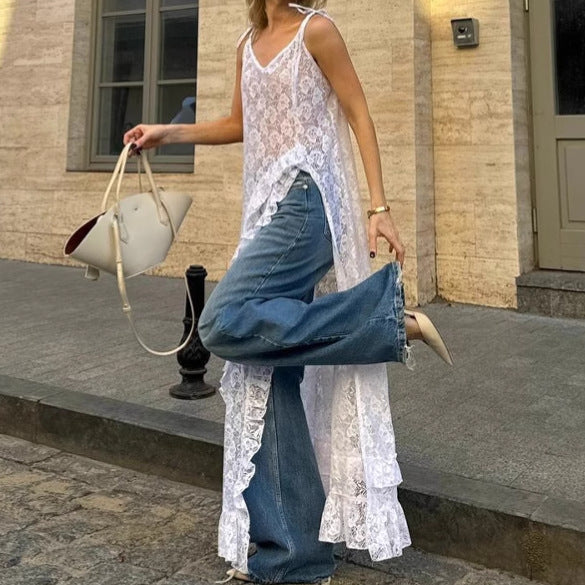 Robe en dentelle femme – Coupe évasée – Décolleté en V – Fente côté – Bretelles à nœud