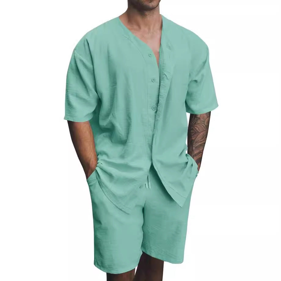 Ensemble Homme – Chemise Col V Boutonnée & Short Ample – Tissu Respirant Doux