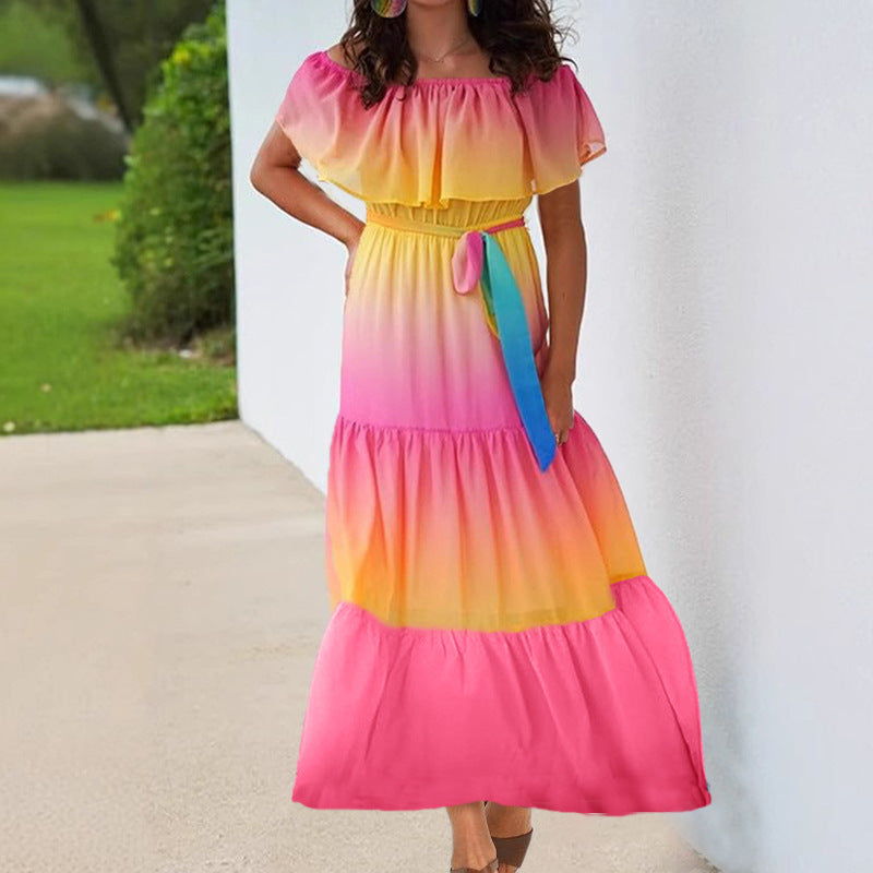 Robe femme – Épaules dénudées à volants – Taille cintrée