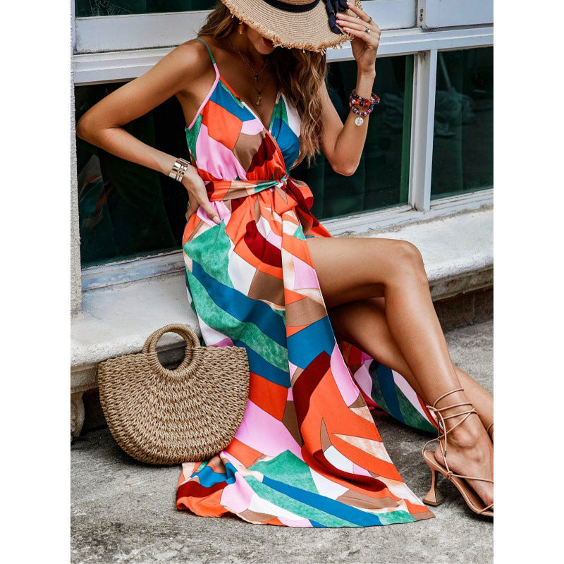 Robe longue femme – Décolleté plongeant – Coupe fluide – Sans manches – Fente latérale