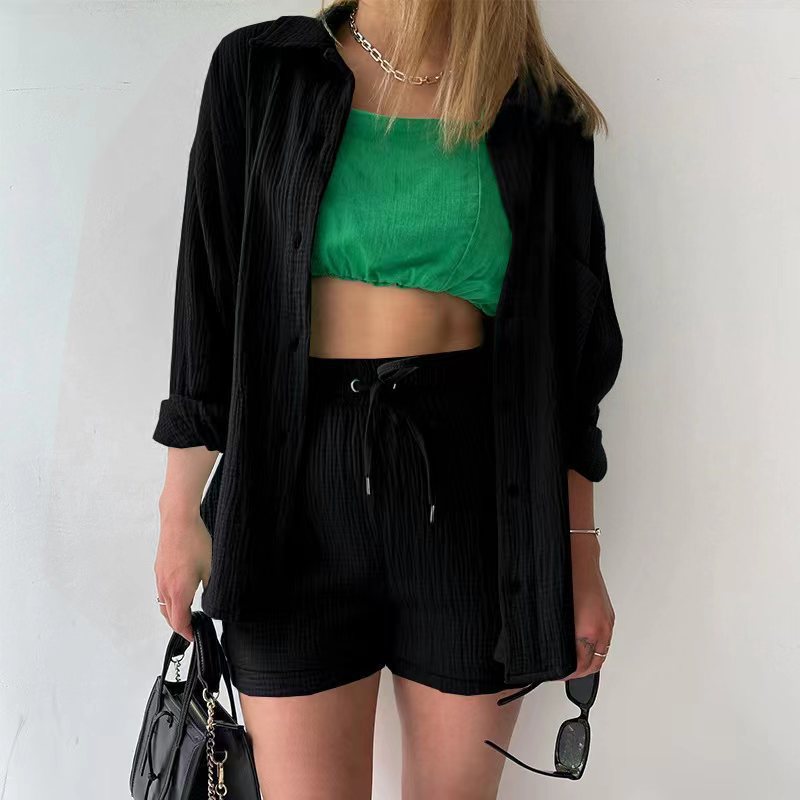 Ensemble short femme – Coupe décontractée – Chemise froissée – Taille haute avec cordon de serrage