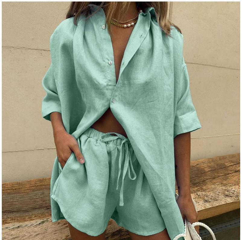 Chemise femme – Coupe oversize – Lin mélangé – Manches courtes – Style décontracté