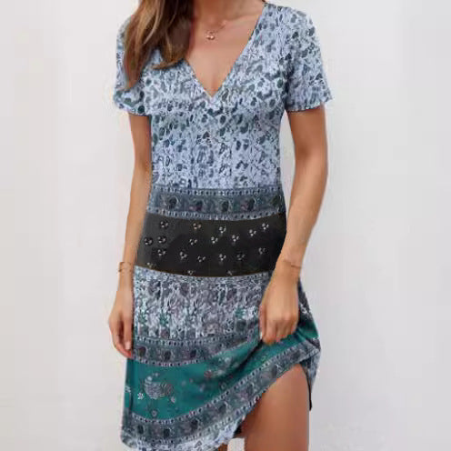 Robe femme manches courtes – Coupe décontractée – Col V profond – Style patchwork boho