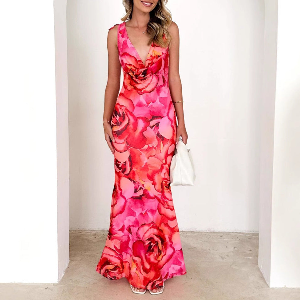 Robe longue femme – Sans manches – Imprimé floral – Décolleté en V – Tissu fluide