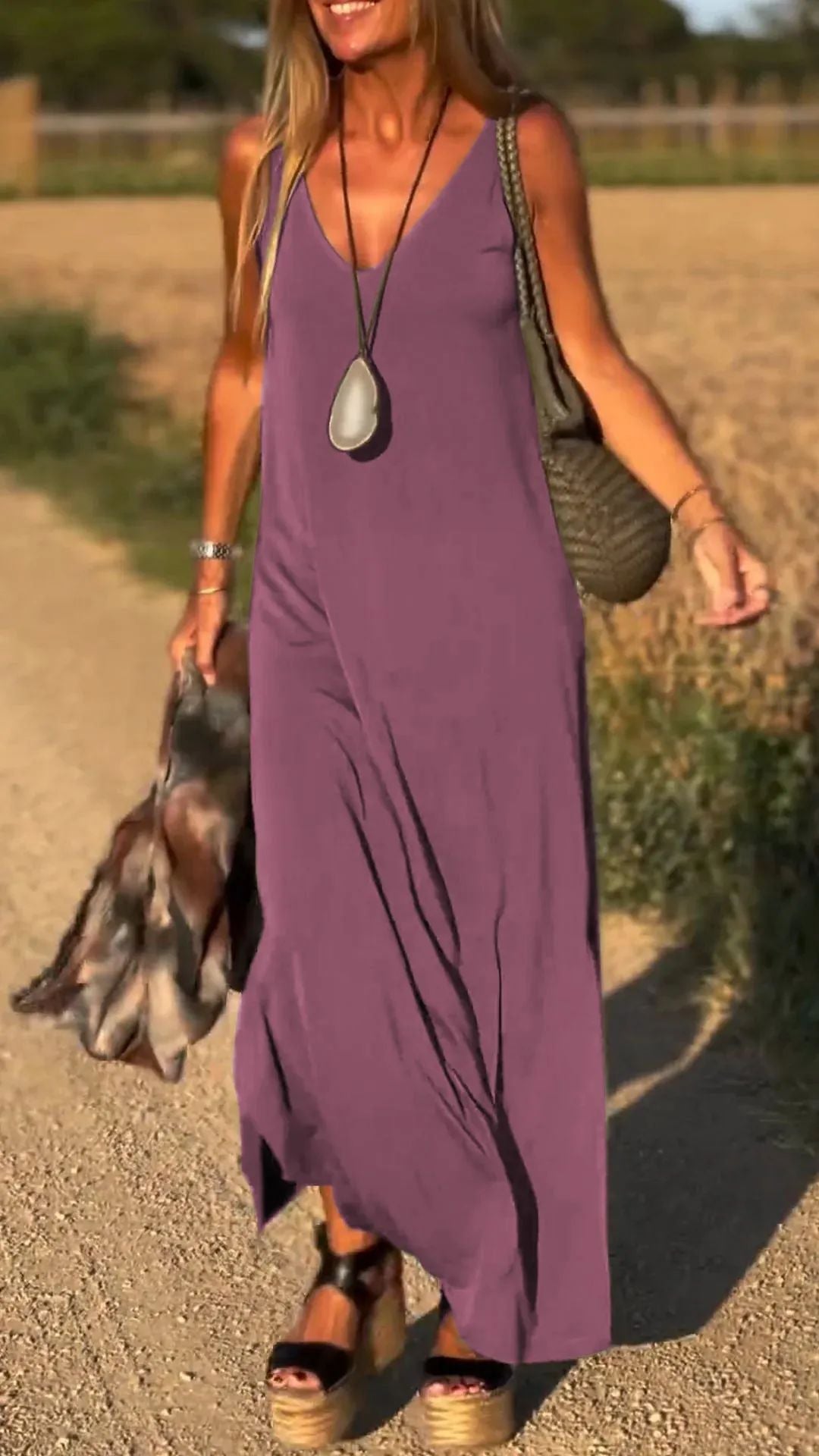 Robe longue femme – Coupe décontractée – Bretelles fines
