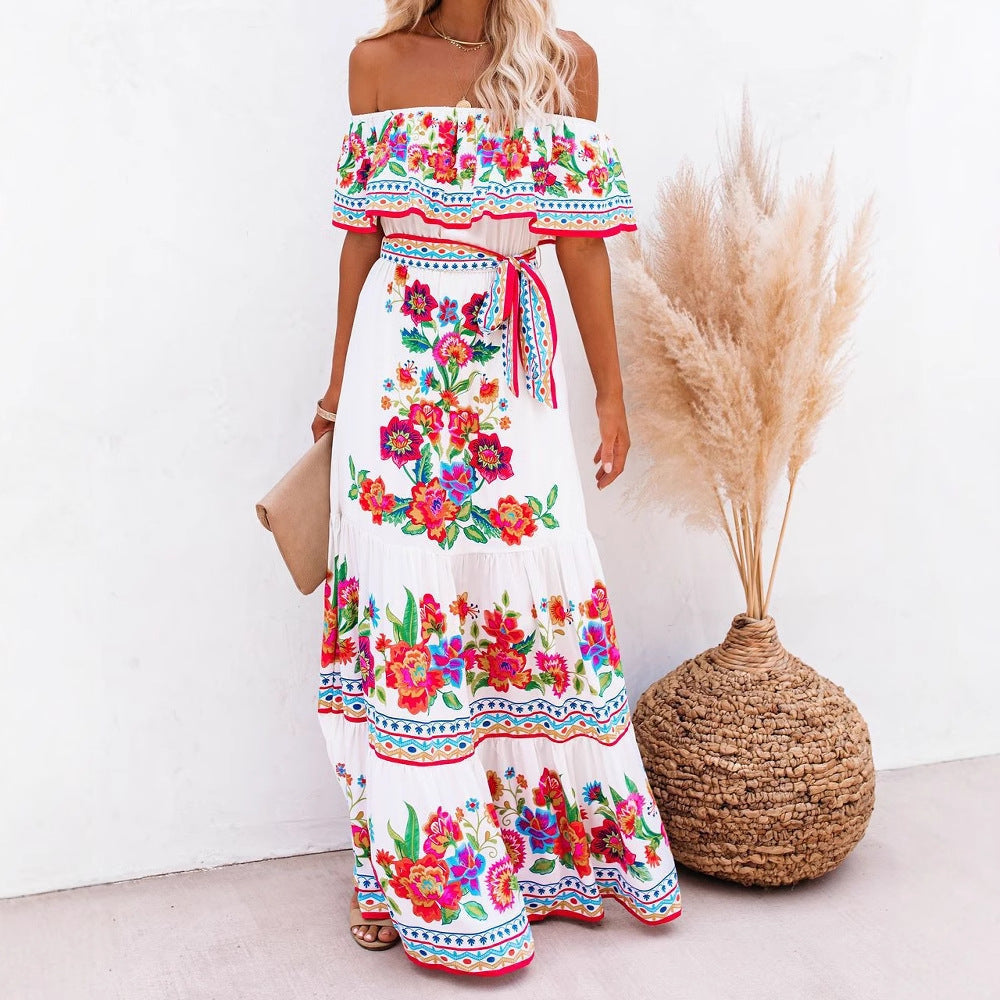 Robe longue femme – Épaules dénudées – Imprimé fleuri – Ceinture taille ajustable