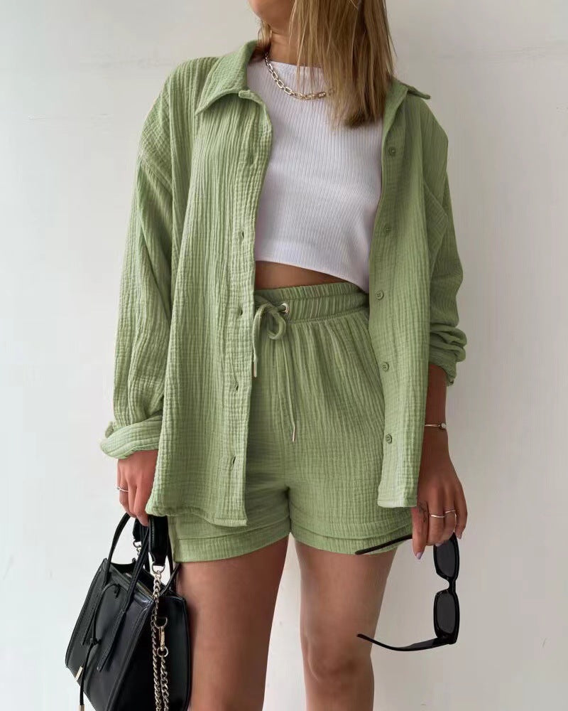 Ensemble short femme – Coupe décontractée – Chemise froissée – Taille haute avec cordon de serrage