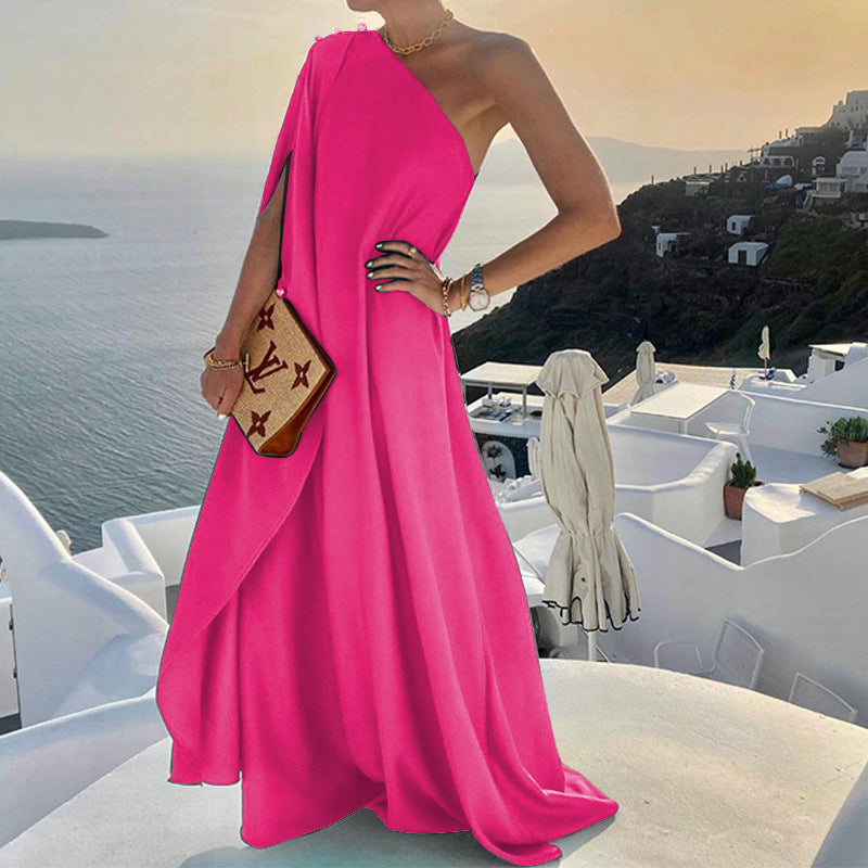 Robe longue femme – Une épaule – Coupe fluide élégante – Silhouette Drapée