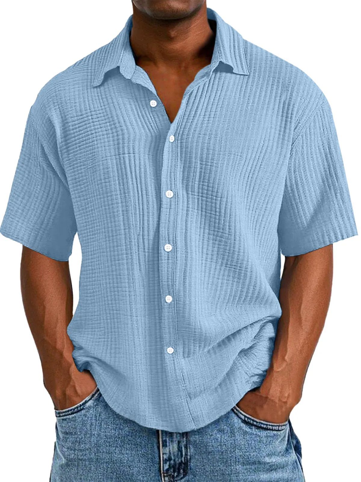 Chemise manches courtes homme – Coupe décontractée – Tissu froissé respirant – Col classique