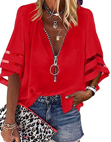 Blouse femme – Coupe décontractée – Manches coude ajourées – Col V zippé
